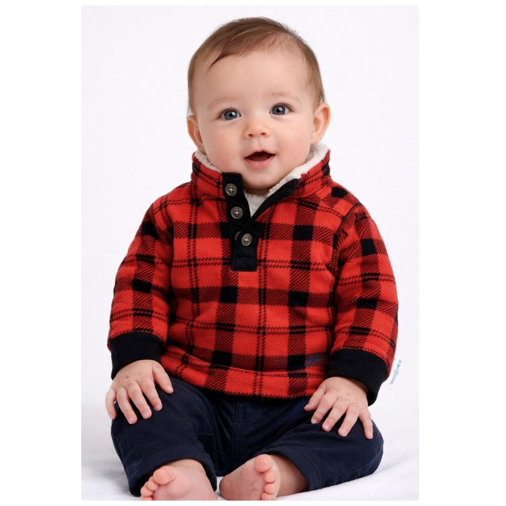 NWT BABY 3M Carter's Black Red Plaid Fleece Pullover Sweater Top Long Sleeve